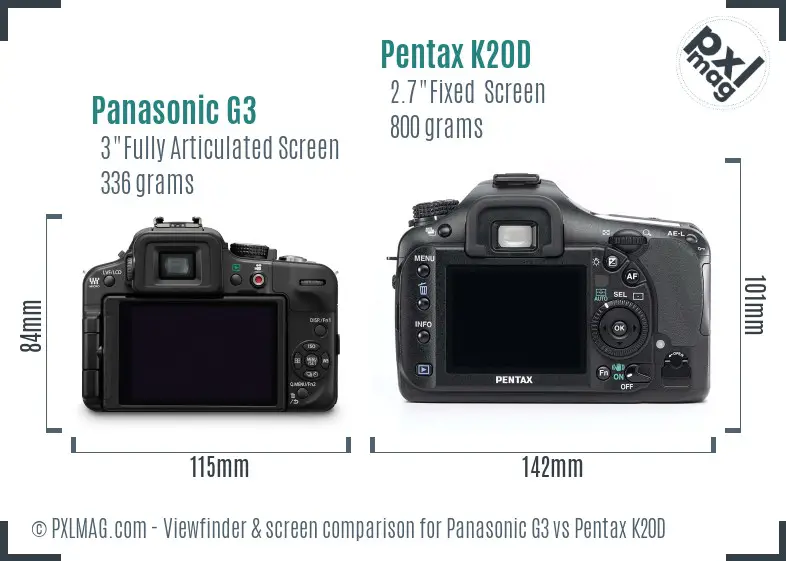 Panasonic G3 vs Pentax K20D Screen and Viewfinder comparison