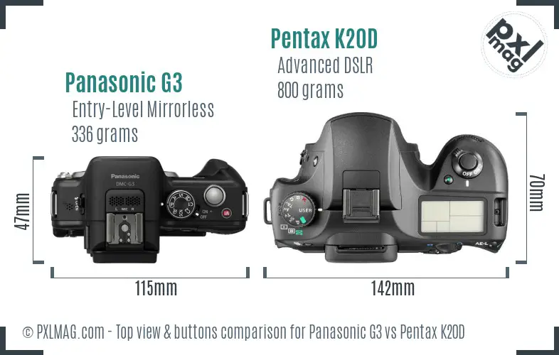 Panasonic G3 vs Pentax K20D top view buttons comparison
