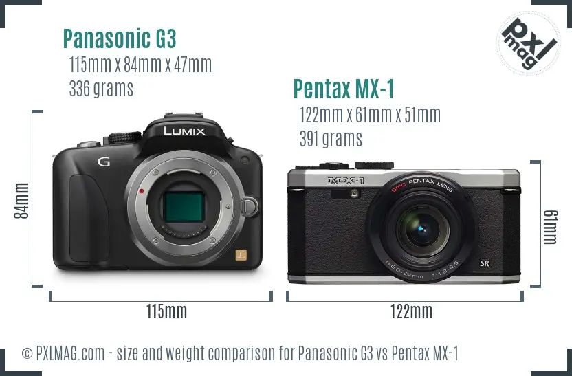 Panasonic G3 vs Pentax MX-1 size comparison