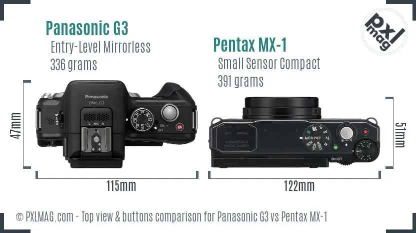 Panasonic G3 vs Pentax MX-1 top view buttons comparison