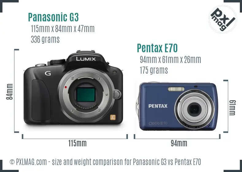 Panasonic G3 vs Pentax E70 size comparison