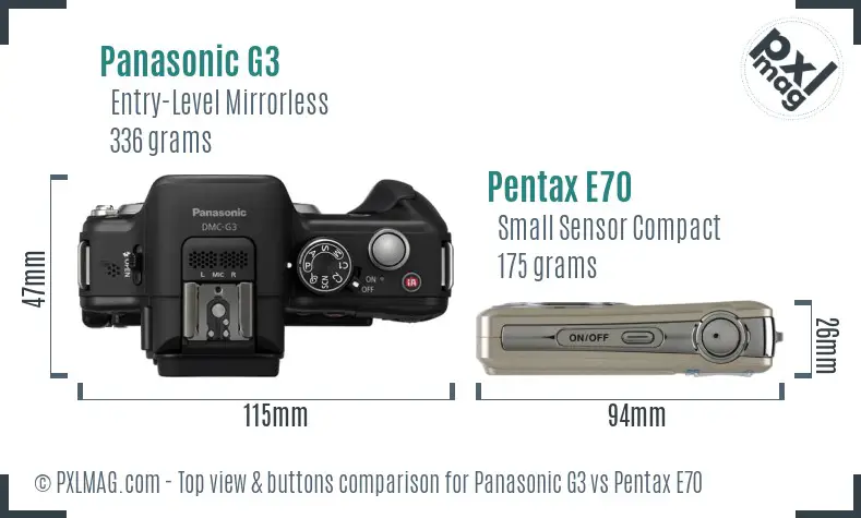 Panasonic G3 vs Pentax E70 top view buttons comparison