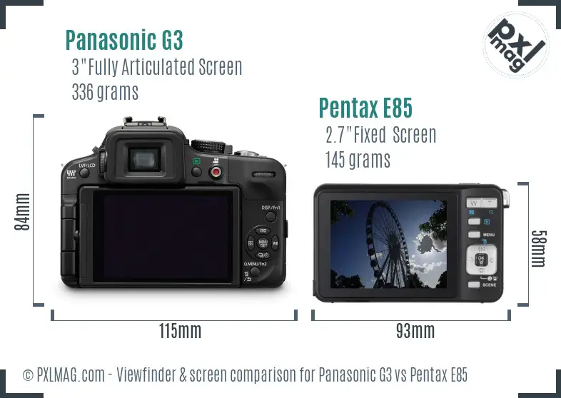 Panasonic G3 vs Pentax E85 Screen and Viewfinder comparison
