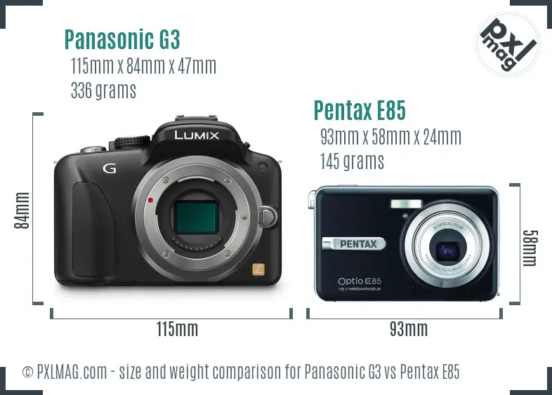 Panasonic G3 vs Pentax E85 size comparison