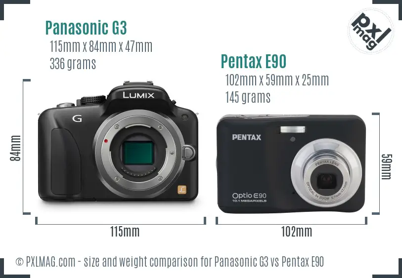 Panasonic G3 vs Pentax E90 size comparison