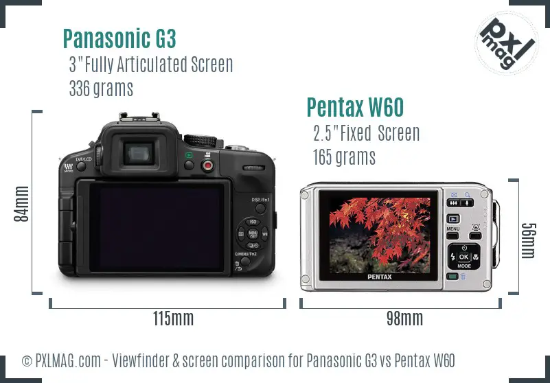 Panasonic G3 vs Pentax W60 Screen and Viewfinder comparison