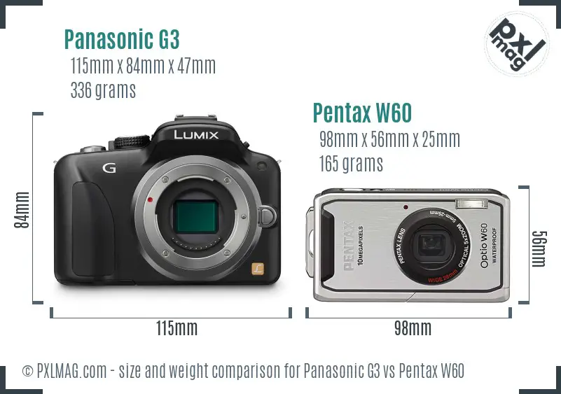 Panasonic G3 vs Pentax W60 size comparison