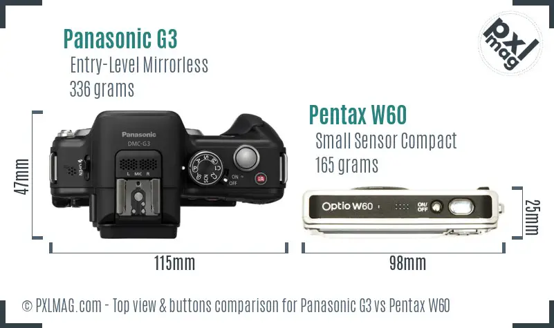 Panasonic G3 vs Pentax W60 top view buttons comparison