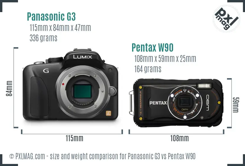Panasonic G3 vs Pentax W90 size comparison