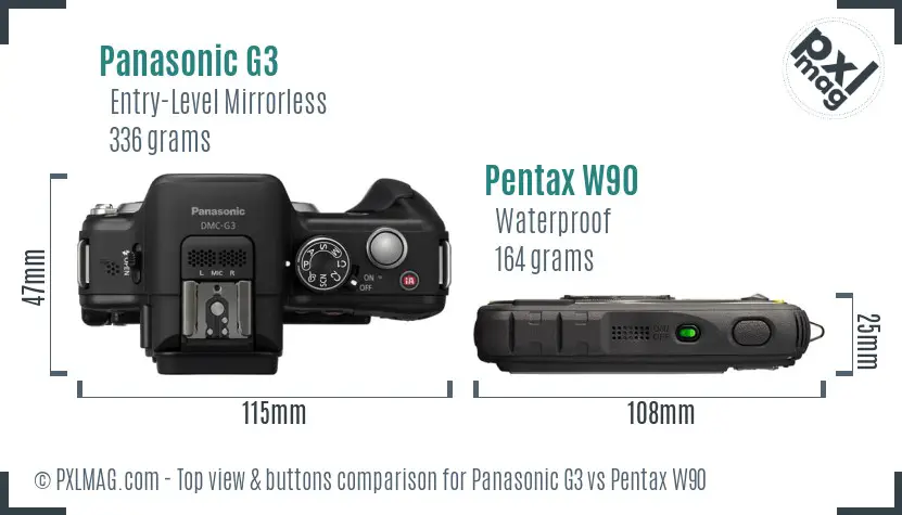 Panasonic G3 vs Pentax W90 top view buttons comparison