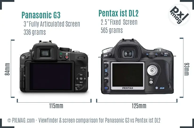 Panasonic G3 vs Pentax ist DL2 Screen and Viewfinder comparison