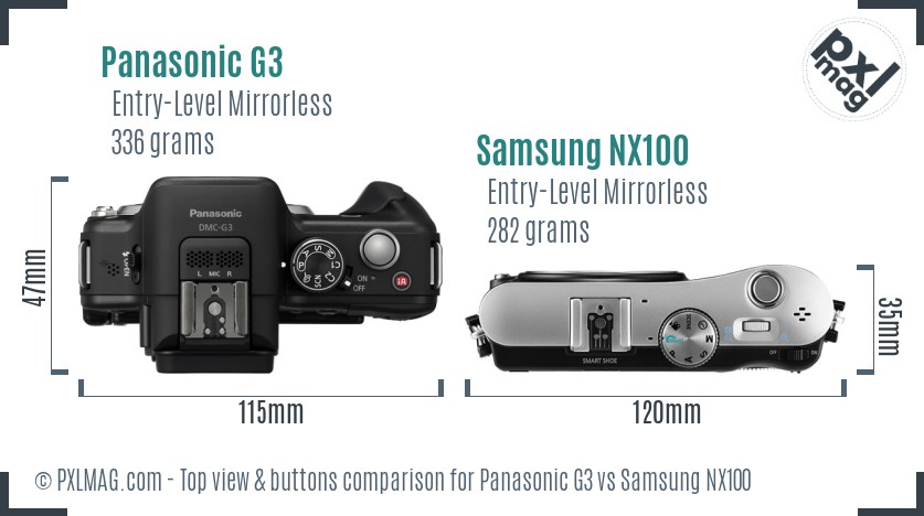 Panasonic G3 vs Samsung NX100 top view buttons comparison