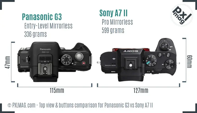 Panasonic G3 vs Sony A7 II top view buttons comparison