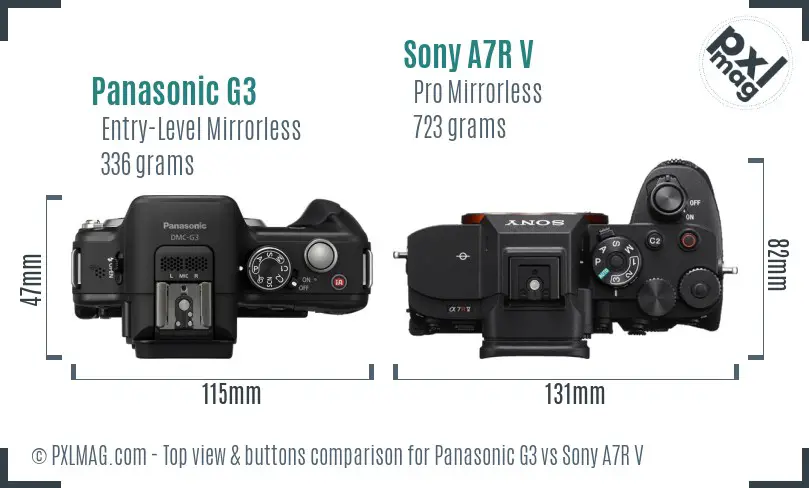 Panasonic G3 vs Sony A7R V top view buttons comparison