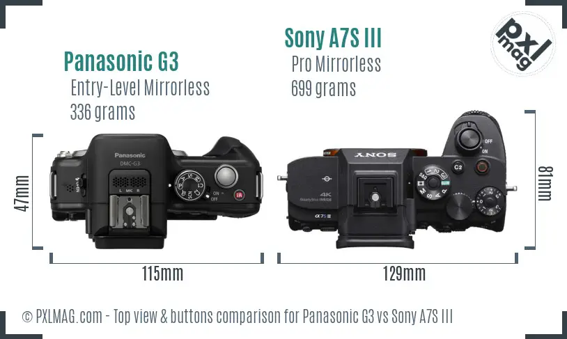 Panasonic G3 vs Sony A7S III top view buttons comparison Panasonic G3 vs Sony A7S III top view buttons comparison