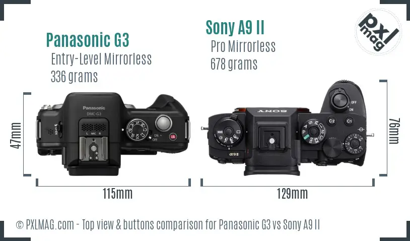 Panasonic G3 vs Sony A9 II top view buttons comparison