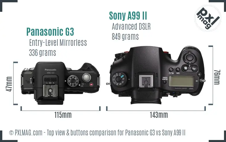 Panasonic G3 vs Sony A99 II top view buttons comparison Panasonic G3 vs Sony A99 II top view buttons comparison