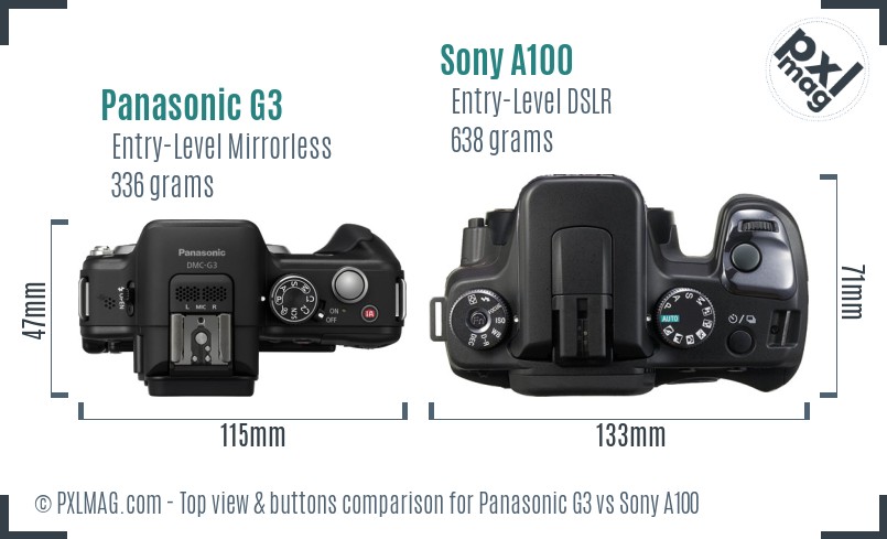 Panasonic G3 vs Sony A100 top view buttons comparison