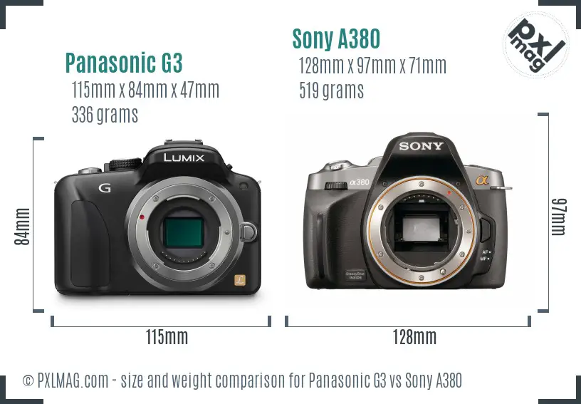 Panasonic G3 vs Sony A380 size comparison