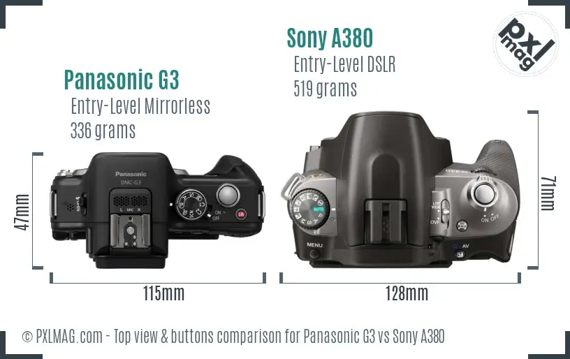 Panasonic G3 vs Sony A380 top view buttons comparison