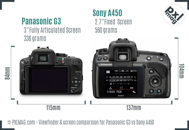 Panasonic G3 vs Sony A450 Screen and Viewfinder comparison Panasonic G3 vs Sony A450 Screen and Viewfinder comparison