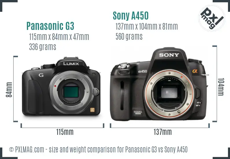 Panasonic G3 vs Sony A450 size comparison Panasonic G3 vs Sony A450 size comparison