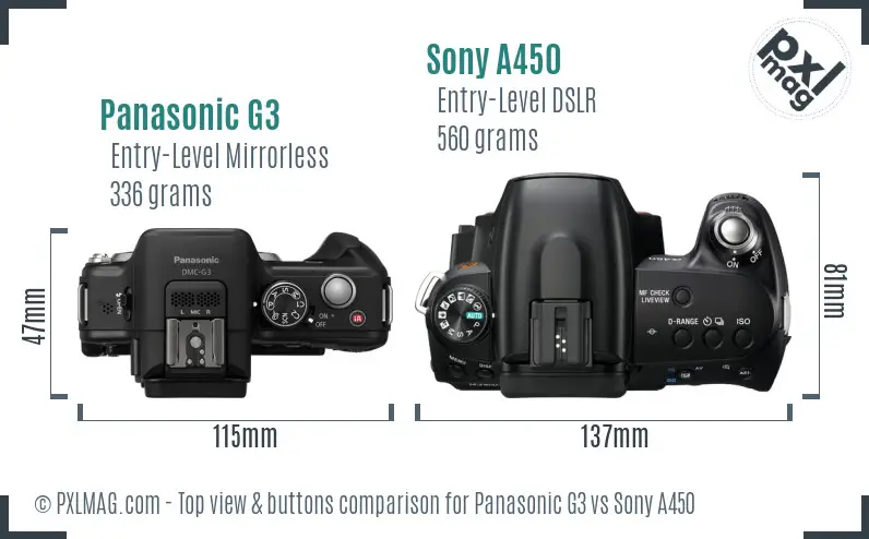 Panasonic G3 vs Sony A450 top view buttons comparison Panasonic G3 vs Sony A450 top view buttons comparison