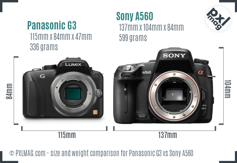 Panasonic G3 vs Sony A560 size comparison Panasonic G3 vs Sony A560 size comparison