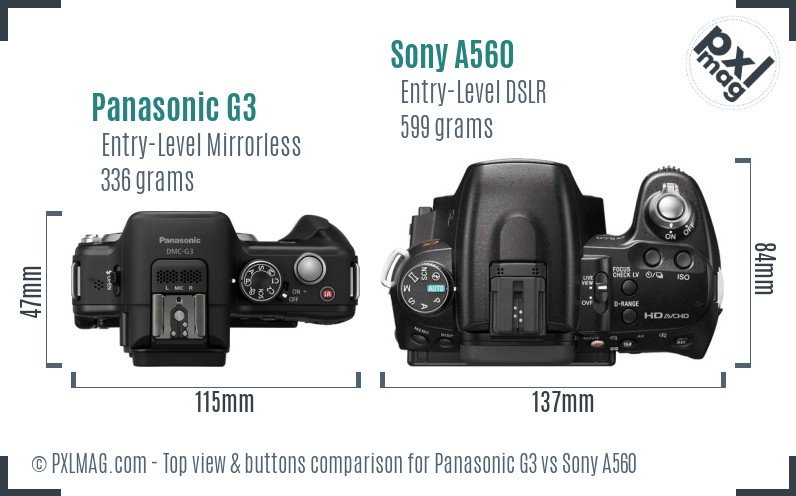 Panasonic G3 vs Sony A560 top view buttons comparison