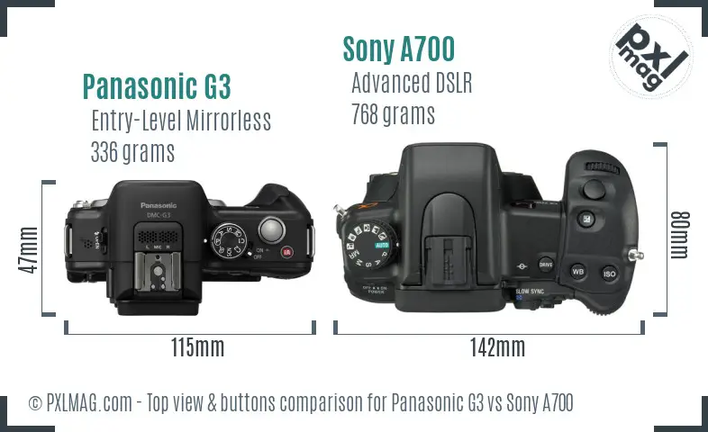 Panasonic G3 vs Sony A700 top view buttons comparison