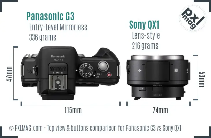 Panasonic G3 vs Sony QX1 top view buttons comparison Panasonic G3 vs Sony QX1 top view buttons comparison