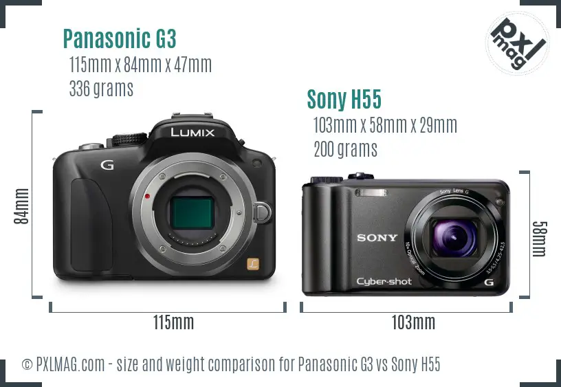 Panasonic G3 vs Sony H55 size comparison