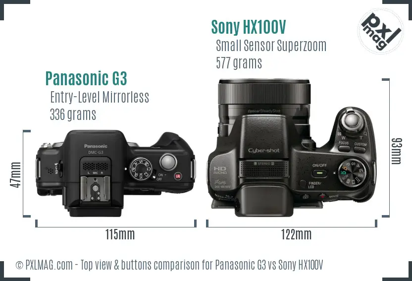 Panasonic G3 vs Sony HX100V top view buttons comparison Panasonic G3 vs Sony HX100V top view buttons comparison