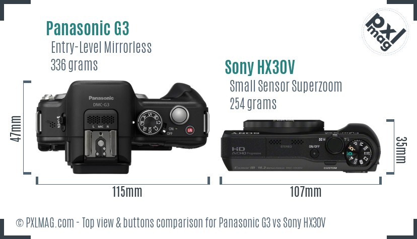 Panasonic G3 vs Sony HX30V top view buttons comparison