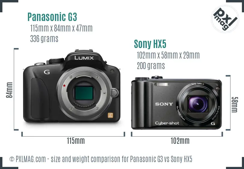 Panasonic G3 vs Sony HX5 size comparison