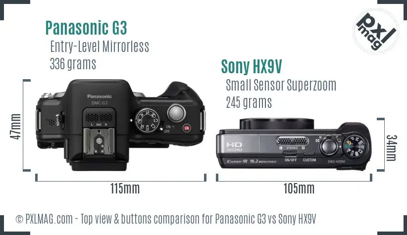 Panasonic G3 vs Sony HX9V top view buttons comparison