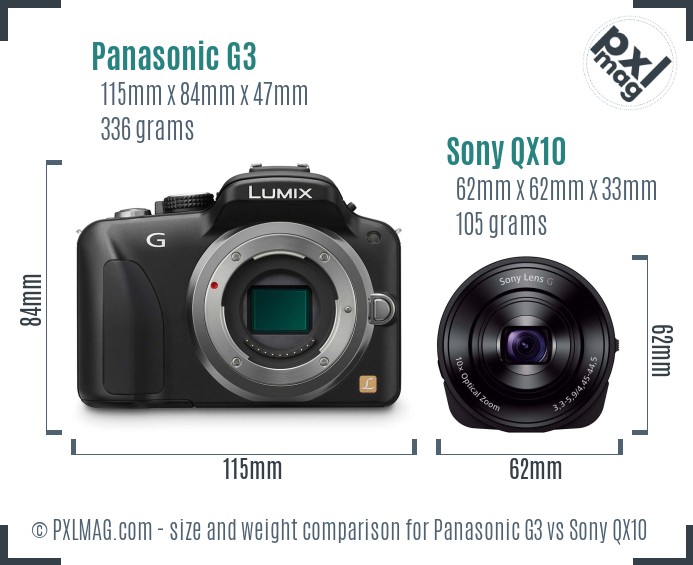 Panasonic G3 vs Sony QX10 size comparison