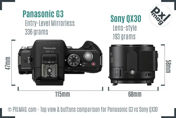 Panasonic G3 vs Sony QX30 top view buttons comparison Panasonic G3 vs Sony QX30 top view buttons comparison