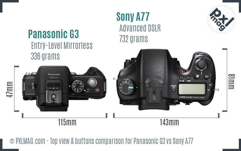 Panasonic G3 vs Sony A77 top view buttons comparison
