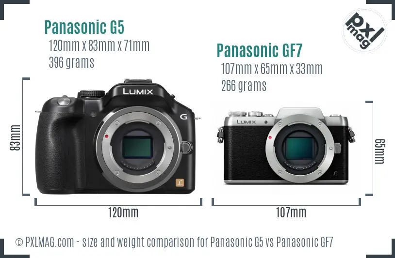 Panasonic G5 vs Panasonic GF7 size comparison