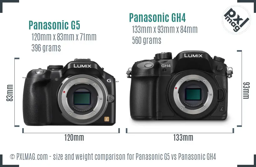 Panasonic G5 vs Panasonic GH4 size comparison
