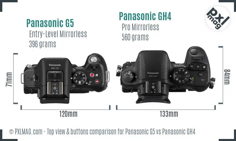 Panasonic G5 vs Panasonic GH4 top view buttons comparison