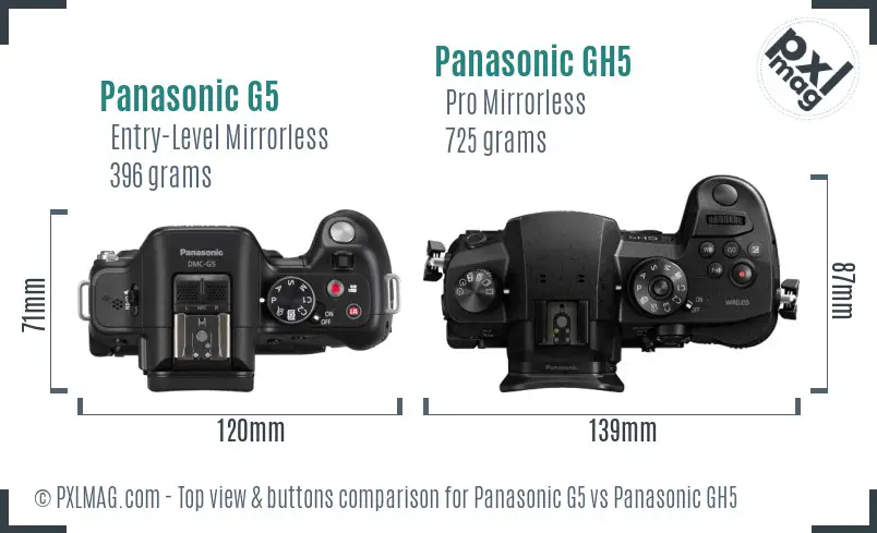 Panasonic G5 vs Panasonic GH5 top view buttons comparison