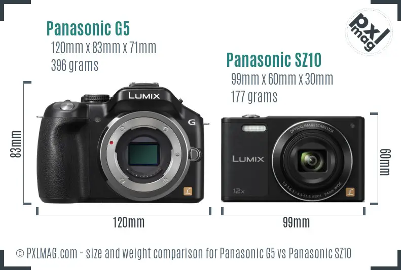 Panasonic G5 vs Panasonic SZ10 size comparison