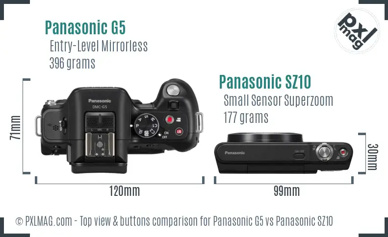 Panasonic G5 vs Panasonic SZ10 top view buttons comparison