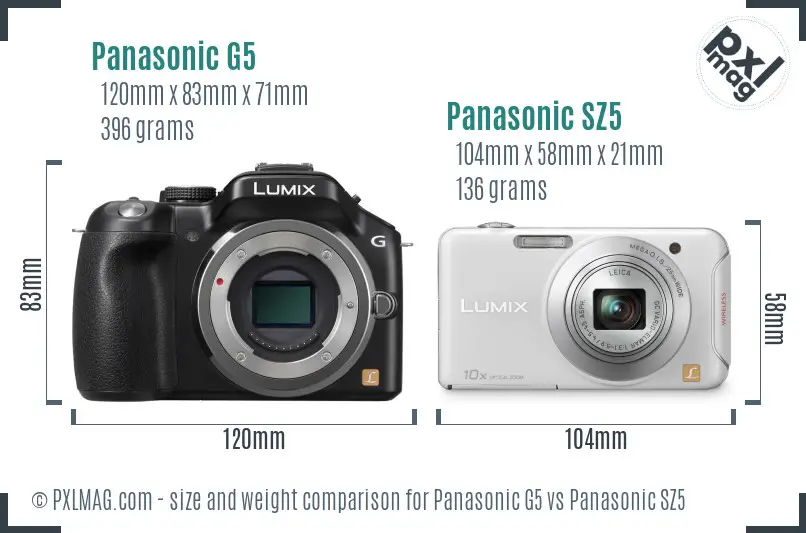 Panasonic G5 vs Panasonic SZ5 size comparison