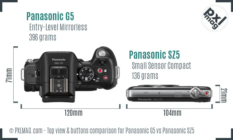 Panasonic G5 vs Panasonic SZ5 top view buttons comparison