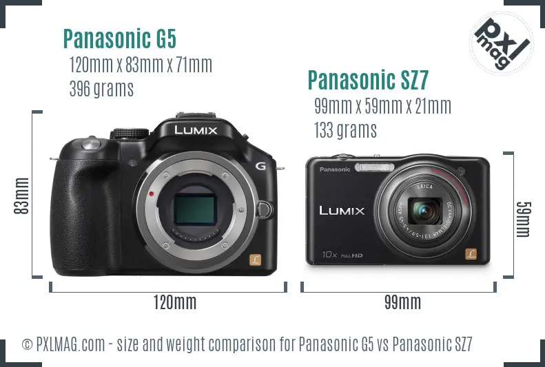 Panasonic G5 vs Panasonic SZ7 size comparison