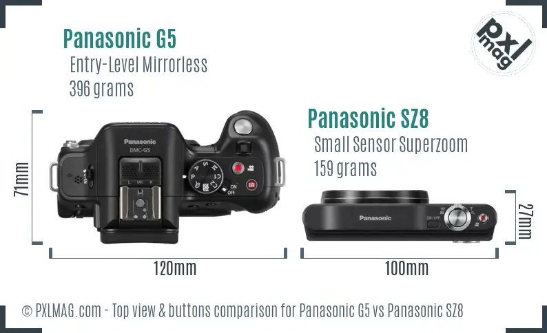 Panasonic G5 vs Panasonic SZ8 top view buttons comparison