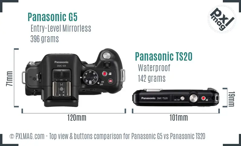 Panasonic G5 vs Panasonic TS20 top view buttons comparison